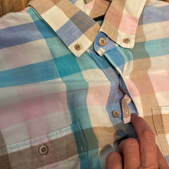 Johnnie O men’s shirt large hangin out short sleeve button down linen gingham - Picture 4 of 8